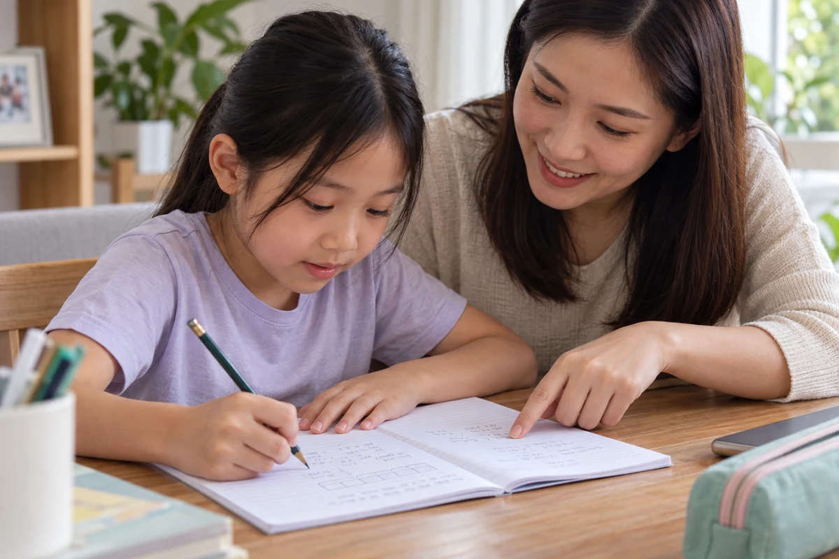 Parent helping child practise PSLE Maths questions at home in Singapore
