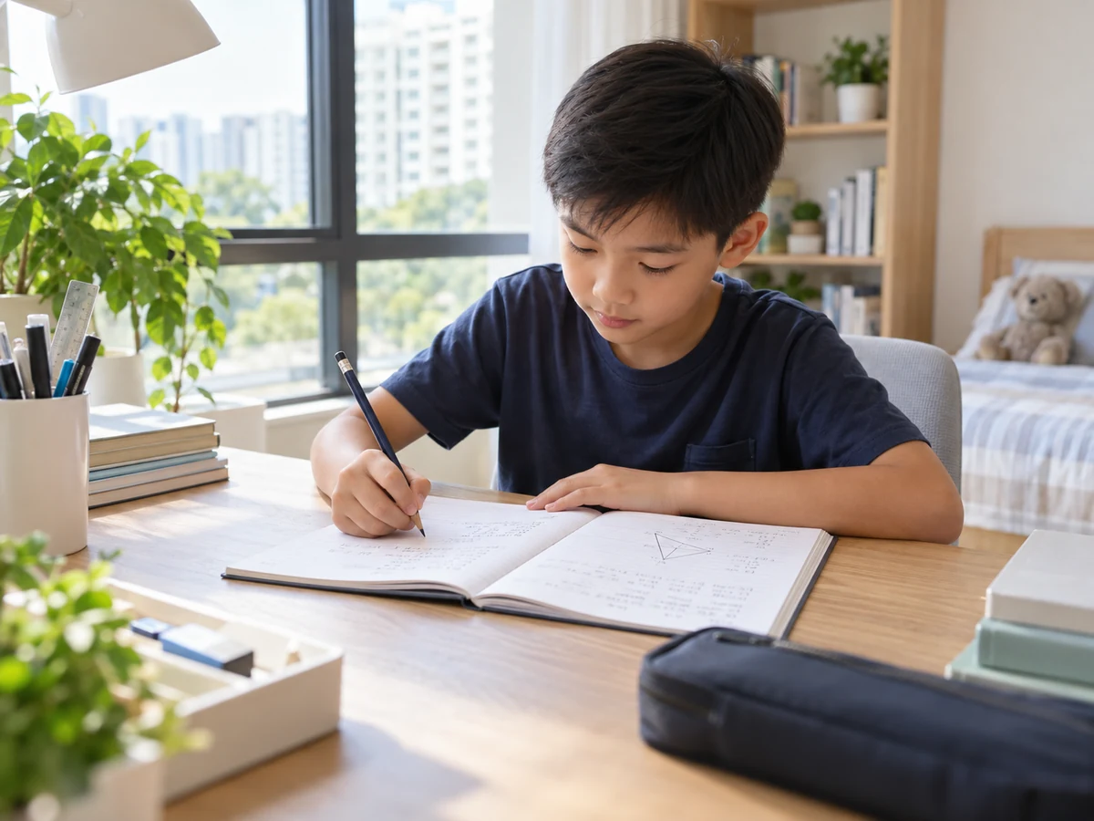 Singapore primary student practising PSLE Maths questions with worked solutions