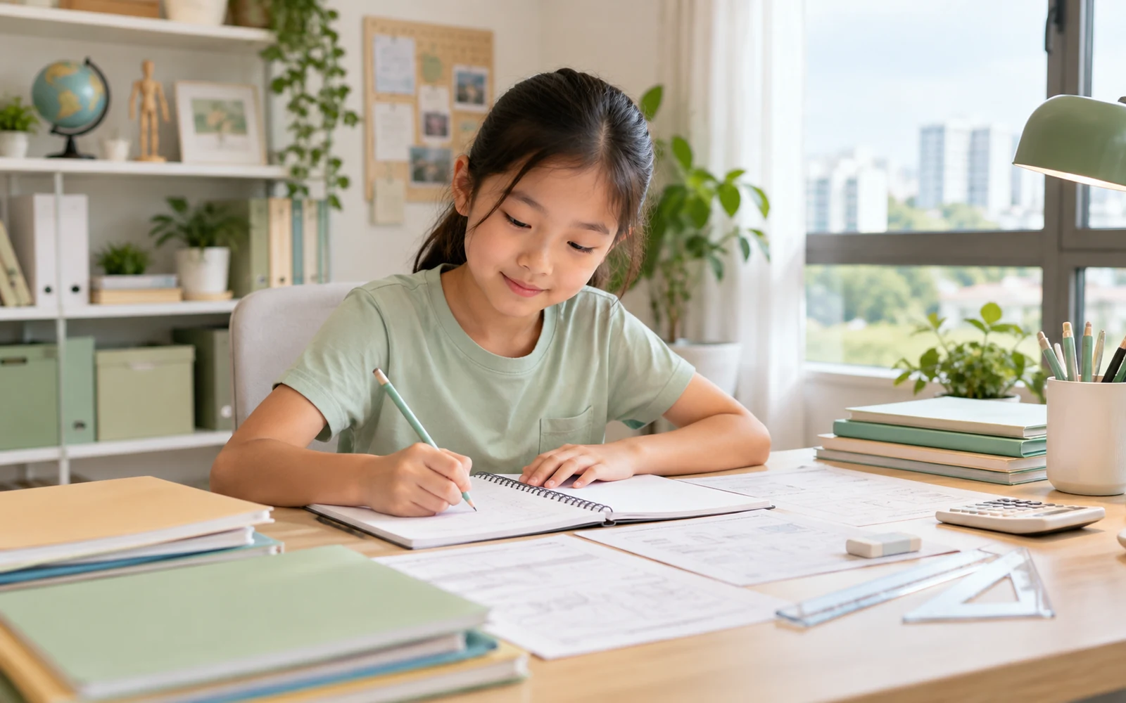 Singapore primary student using PSLE Maths resources for revision with notes and practice materials