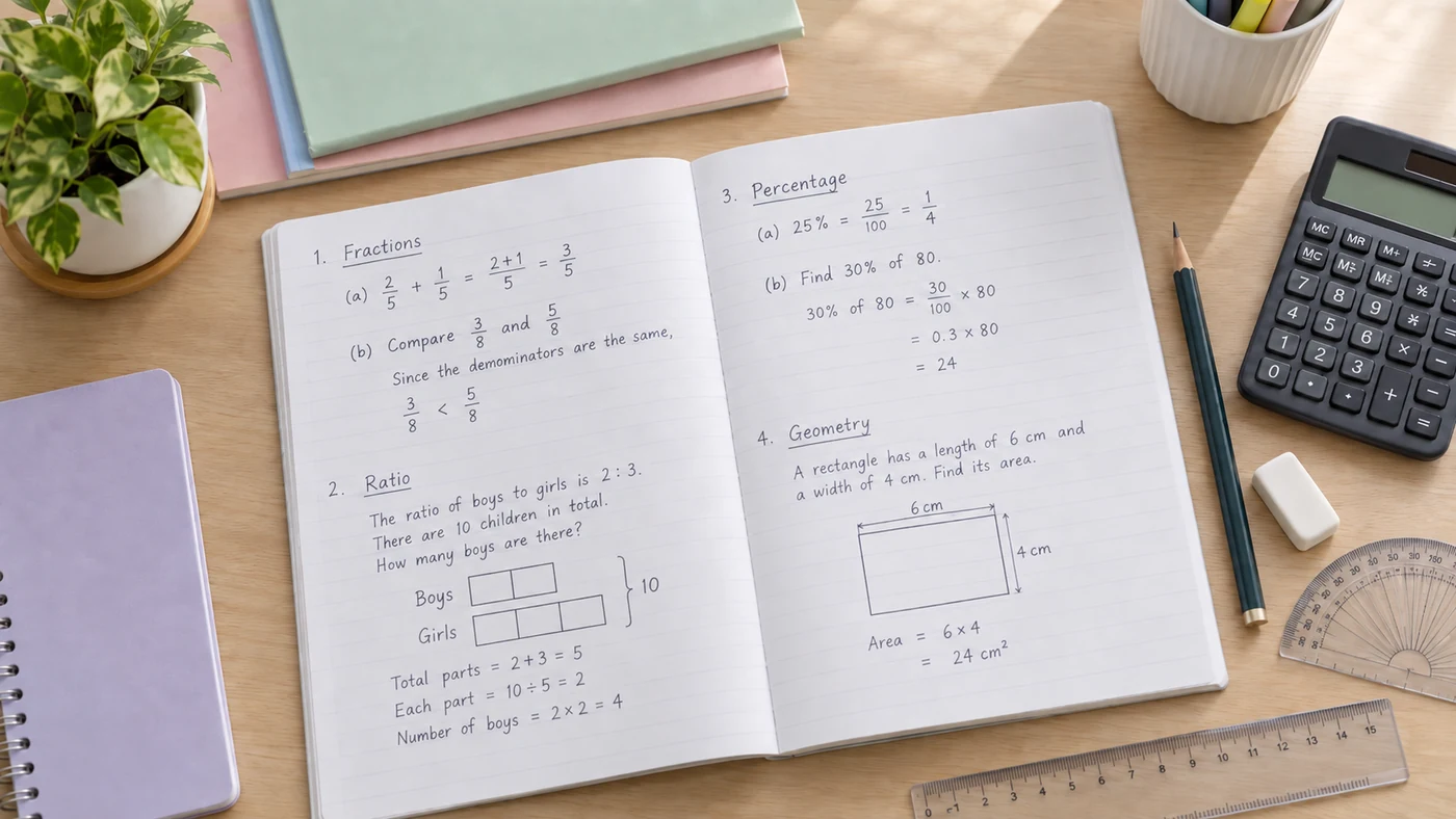 PSLE Maths topic practice covering fractions ratio percentage and geometry