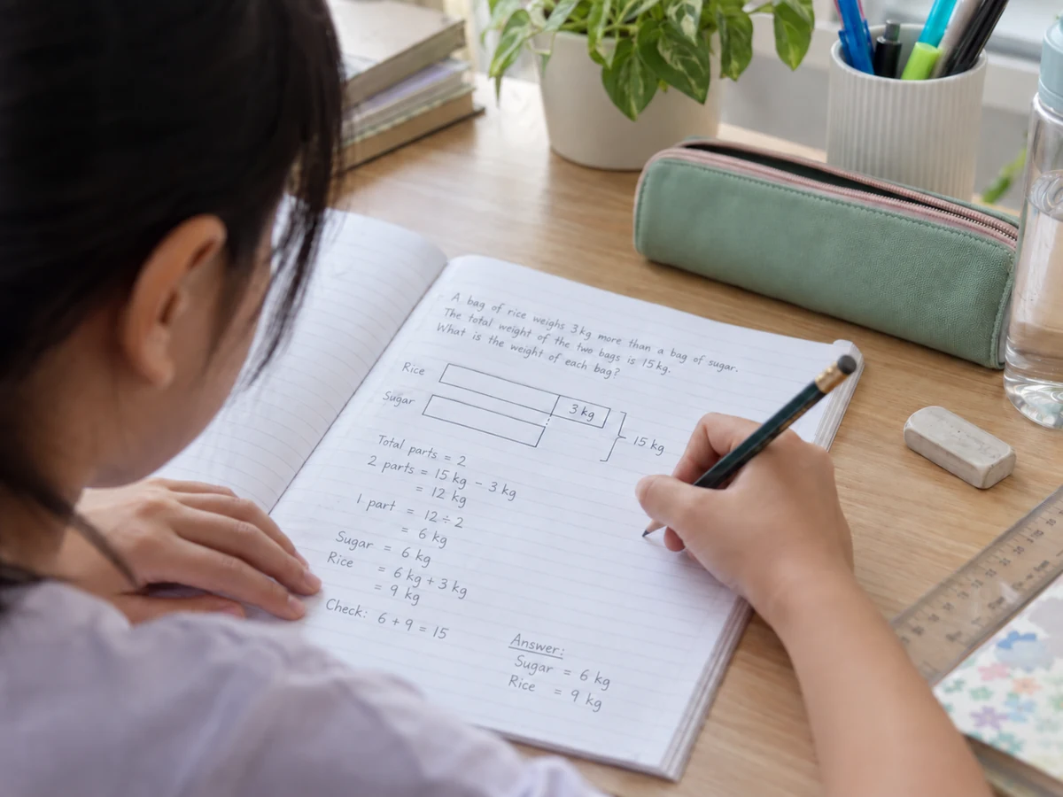 Step by step PSLE Maths worked example with model drawing and solution