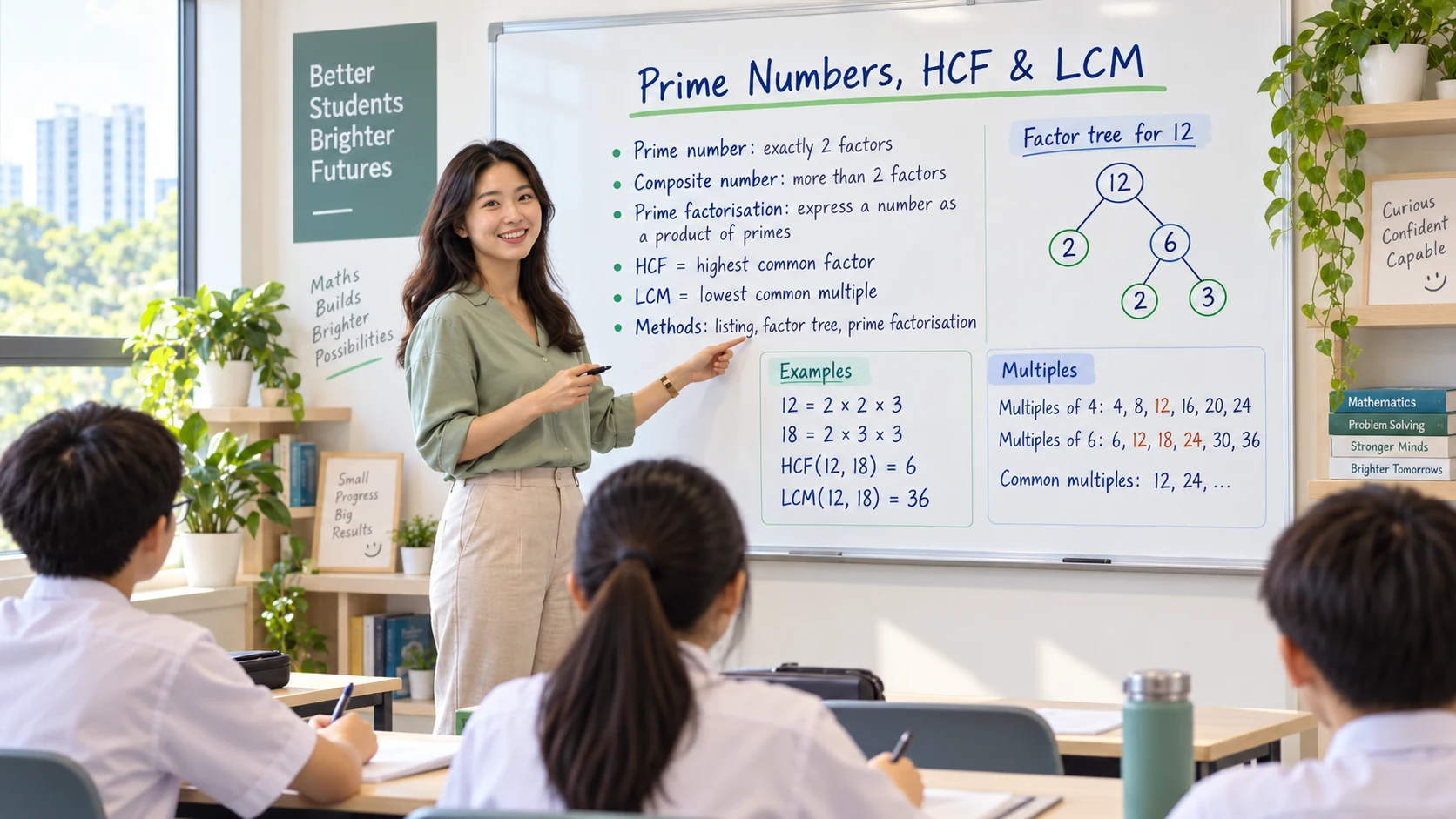 Female teacher explaining prime numbers HCF and LCM to Sec 1 Maths students in a modern classroom