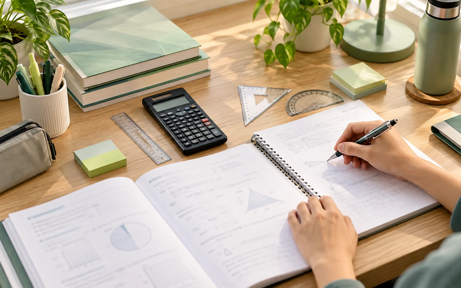 Organised Secondary Maths revision resources for Singapore students with notebook, calculator and geometry tools
