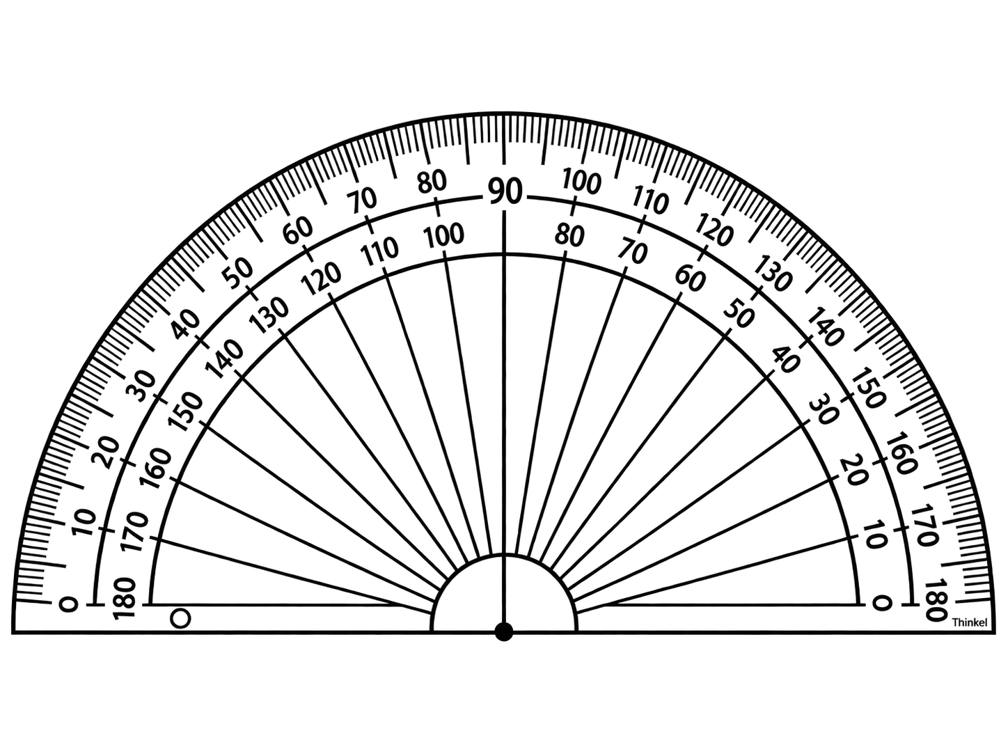 Transparent semicircular school protractor with inner and outer degree scales from 0° to 180°