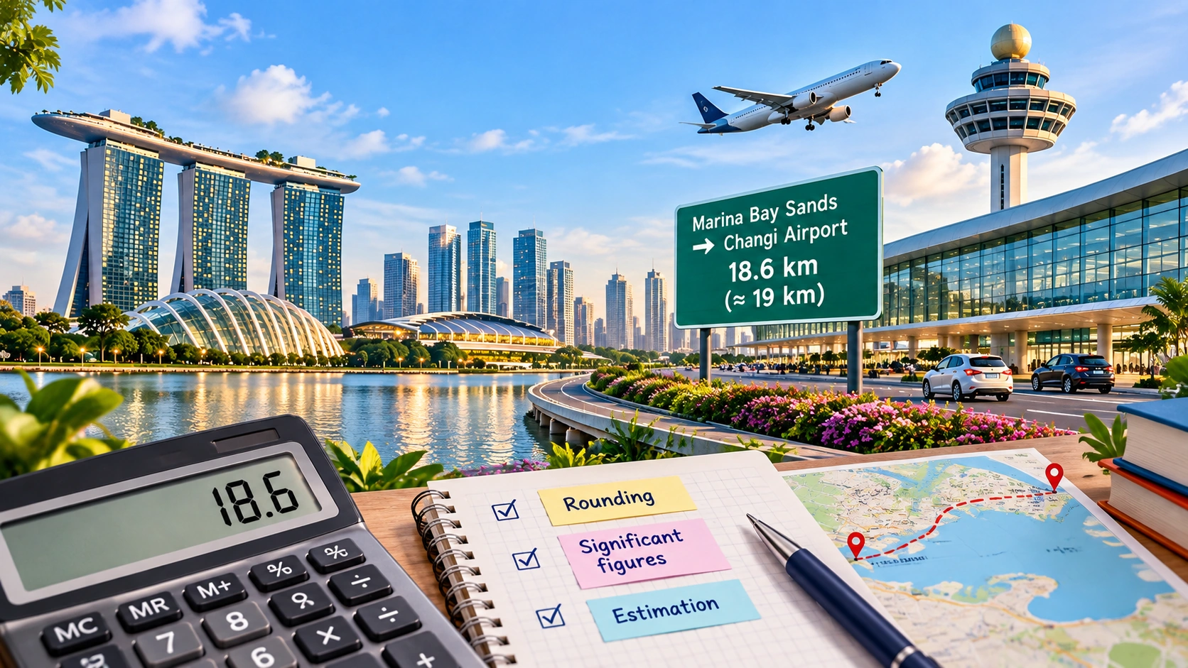 Singapore travel scene showing rounding estimation significant figures and an 18.6 km distance approximated to 19 km