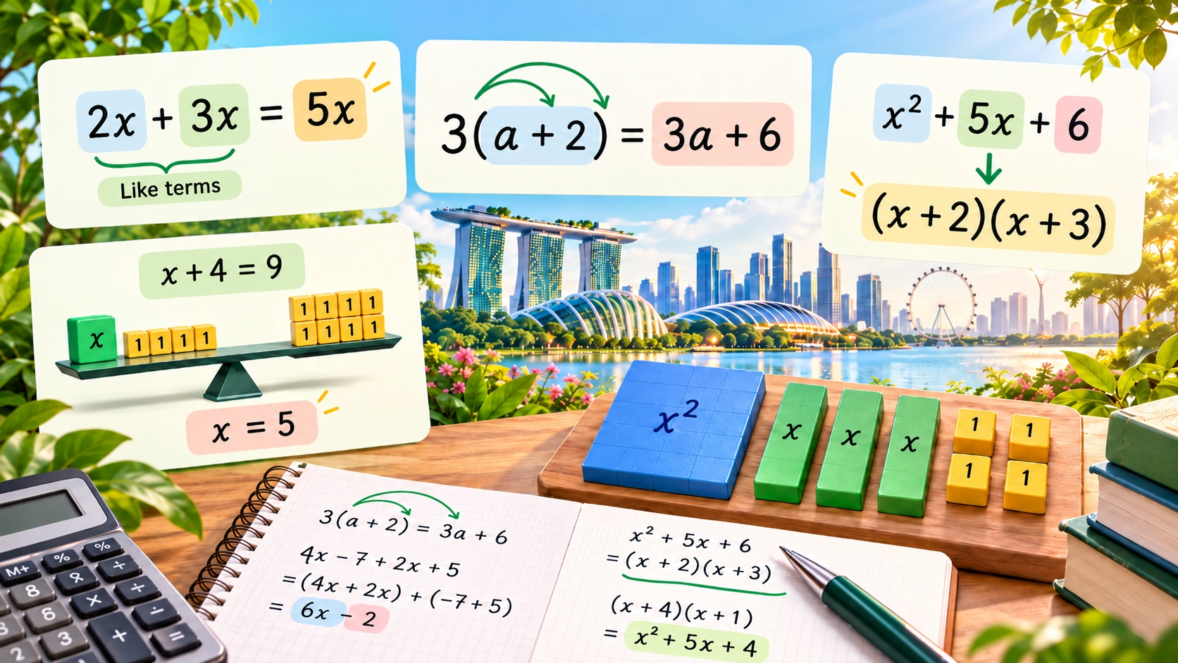 Algebra infographic showing like terms expansion factorisation and algebra tiles for Sec 1 Maths