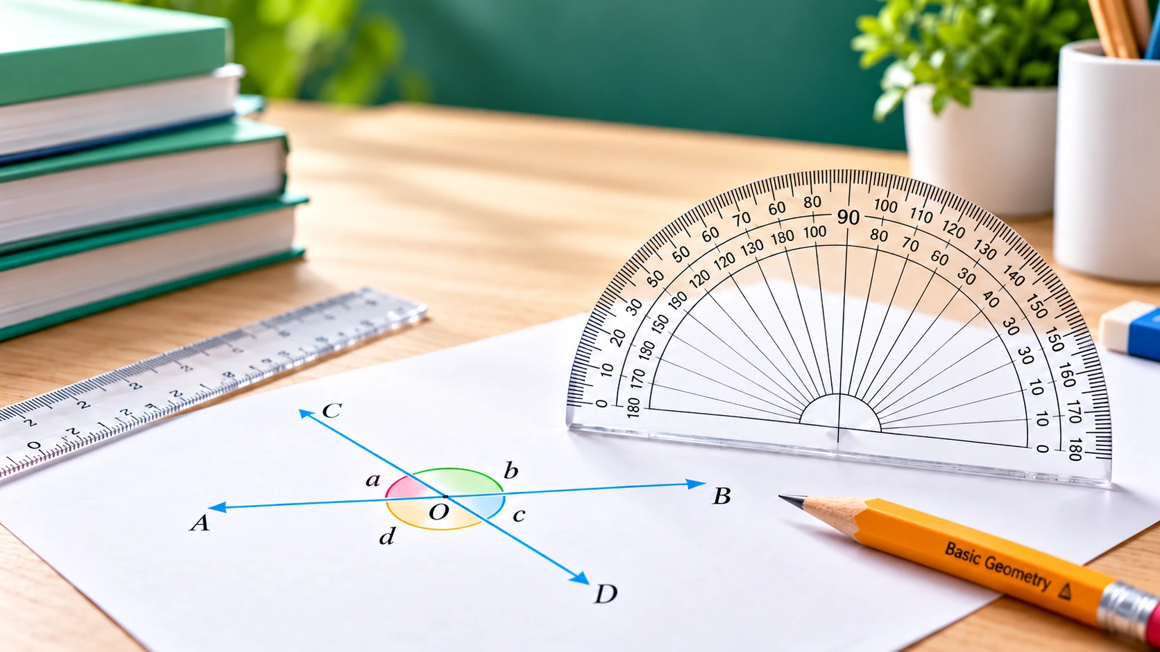 Photorealistic study desk with protractor, ruler, pencil labelled Basic Geometry and intersecting lines for Sec 1 Maths