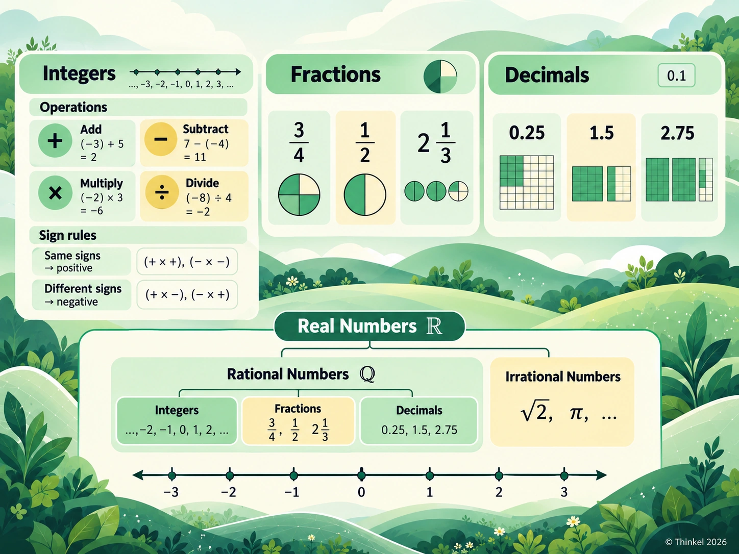 Visual summary of integer operations fractions decimals and real numbers for Sec 1 Maths