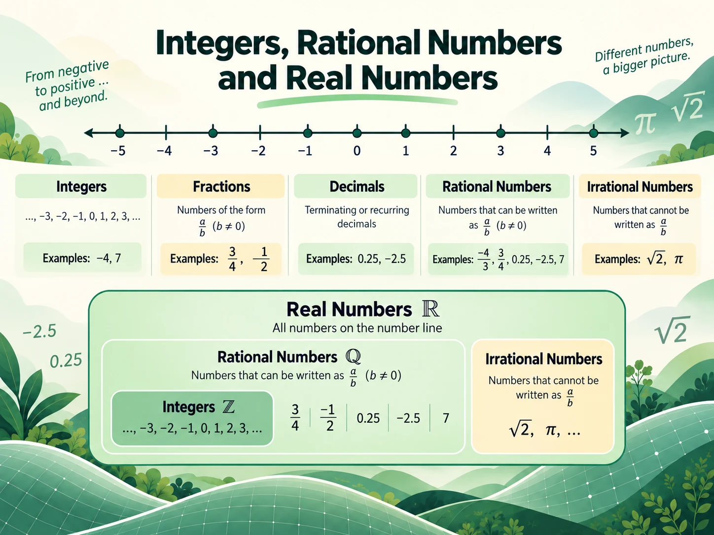 Infographic showing integers rational numbers irrational numbers and real numbers on a number line