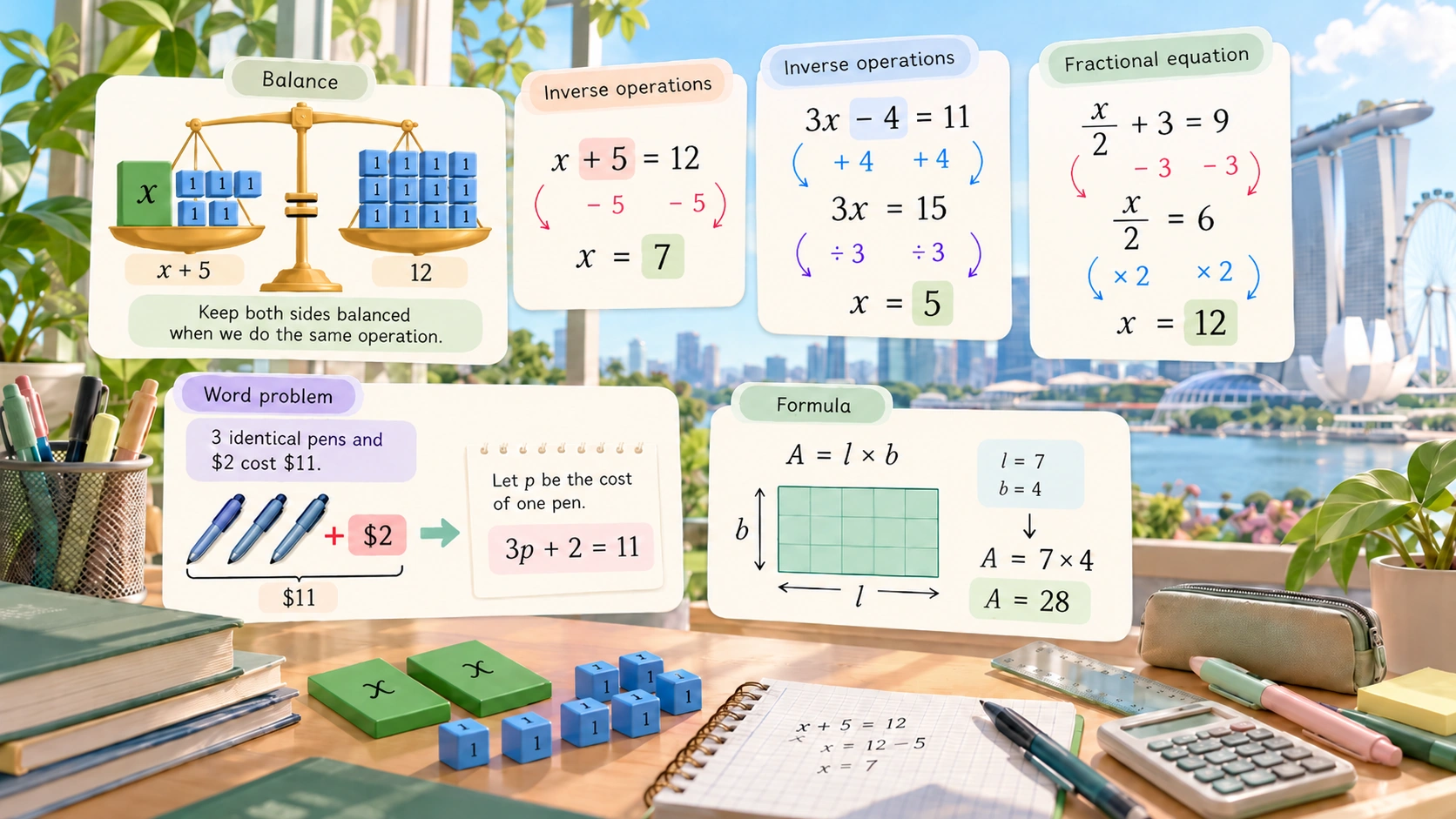 Linear equations infographic showing balance scale inverse operations fractional equations word problems and formulae for Sec 1 Maths