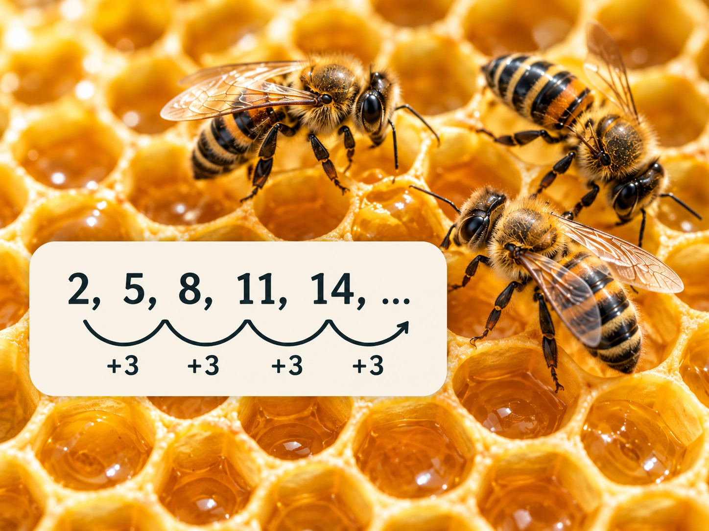 Photorealistic bees on a honeycomb with the number pattern 2, 5, 8, 11, 14 showing plus 3 between each term