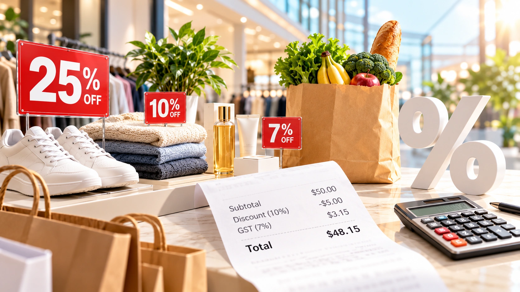Photorealistic shopping scene with discount tags, receipt, GST, calculator and percentage symbols for Sec 1 Maths percentage