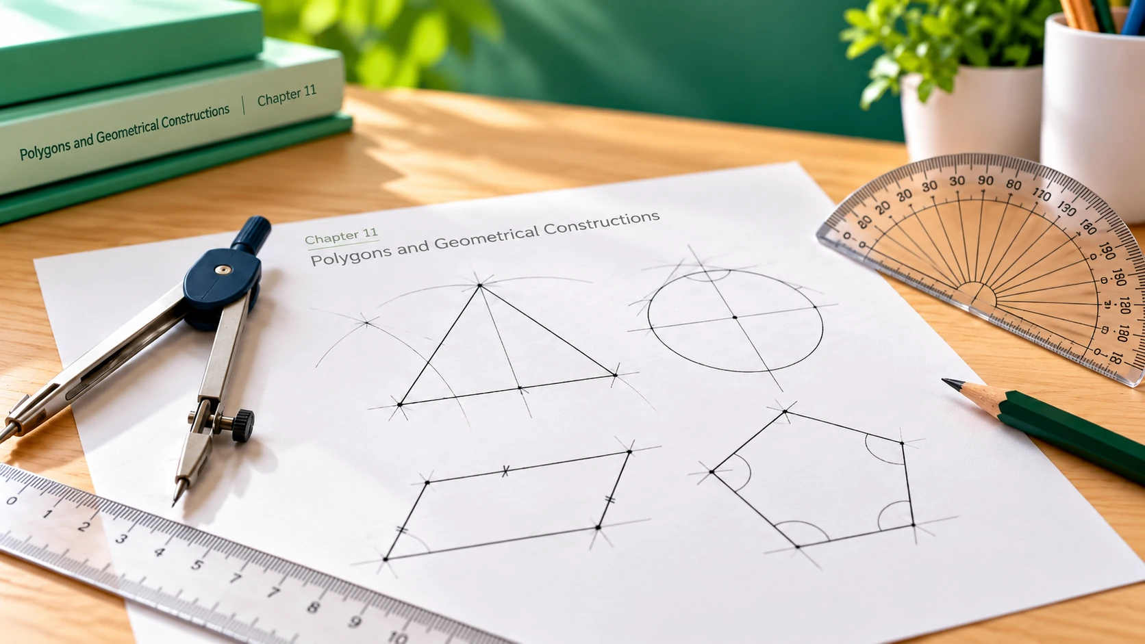 Secondary 1 Mathematics geometrical constructions with a pair of compasses, ruler, protractor and diagrams of polygons on a study desk