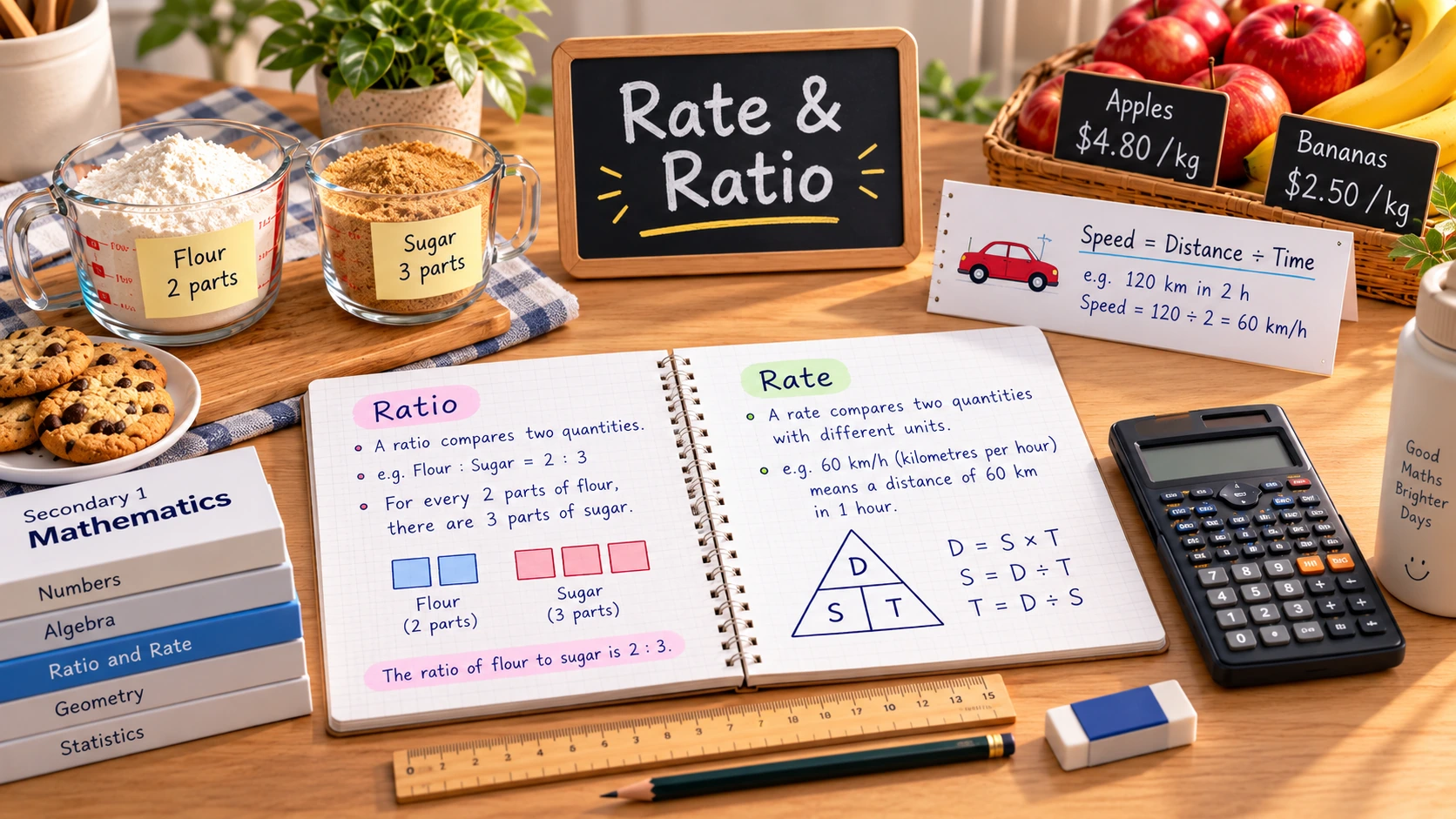 Photorealistic study desk with ratio, rate, speed, unit price and currency examples for Sec 1 Maths Rate and Ratio